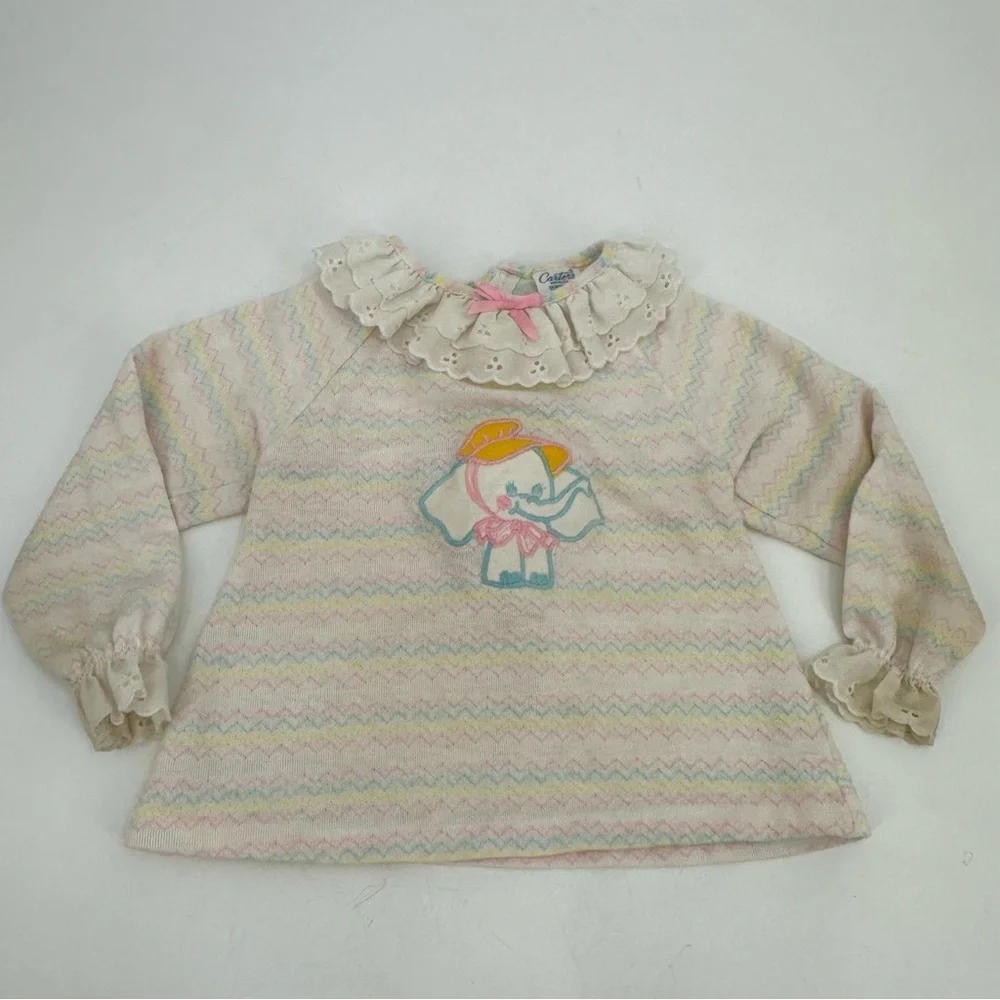 3/$15 VTG CARTERS Baby Tee 24 Months L/S Eyelet Elephant Applique Pastel Top USA
